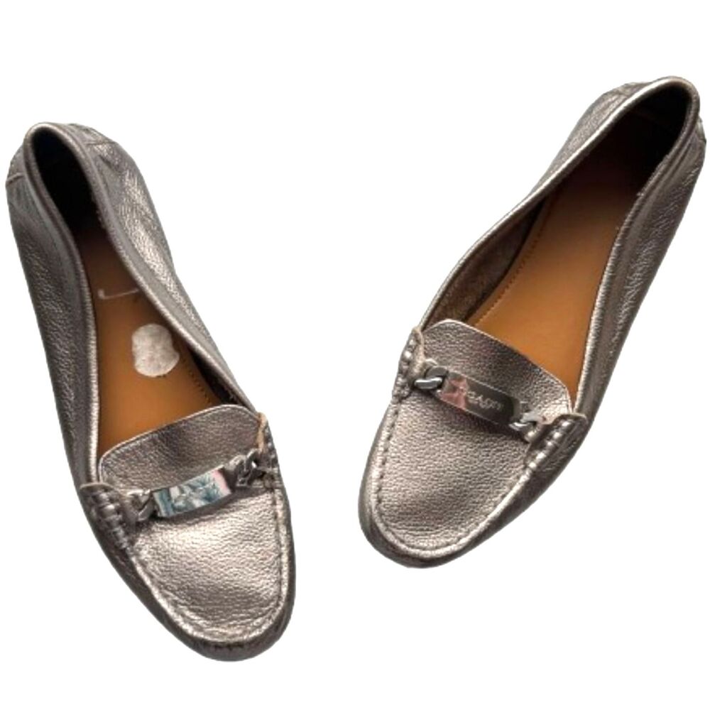 Coach "Olive" Metallic Driving Loafer Moccasin Pewter Pebbled Leather Womens 8.5